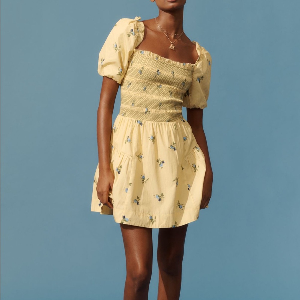 NWT ANTHROPOLOGIE Puff-Sleeve Square-Neck Smocked Mini Dress Yellow S